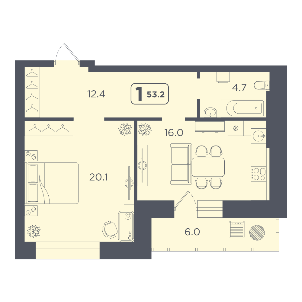 Планировка: Евродвушка 53.2 м² в ЖК Квартал перемен, Центр: КПД