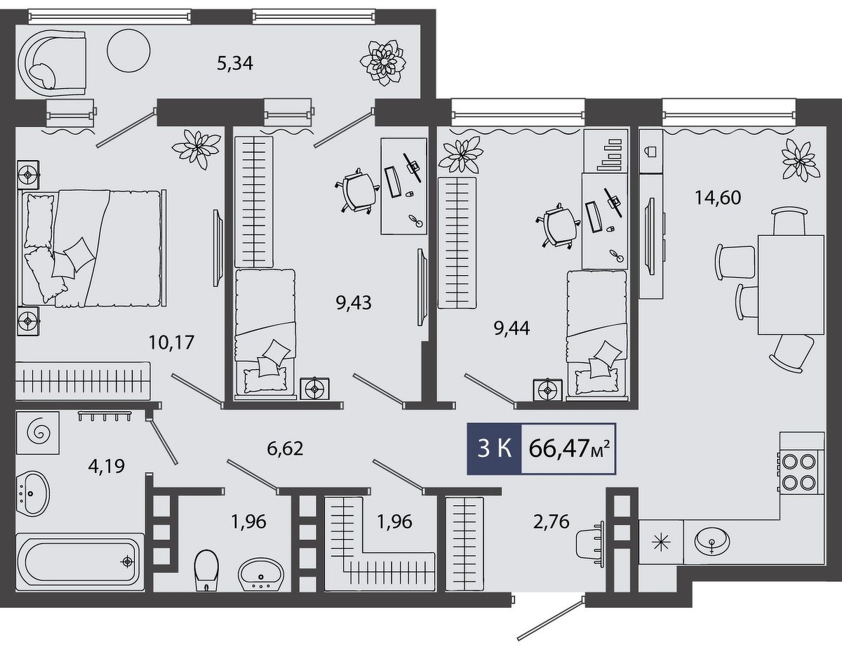 Планировка: 4-комнатная евро 66.5 м² в ЖК Смородина, Мелиораторов