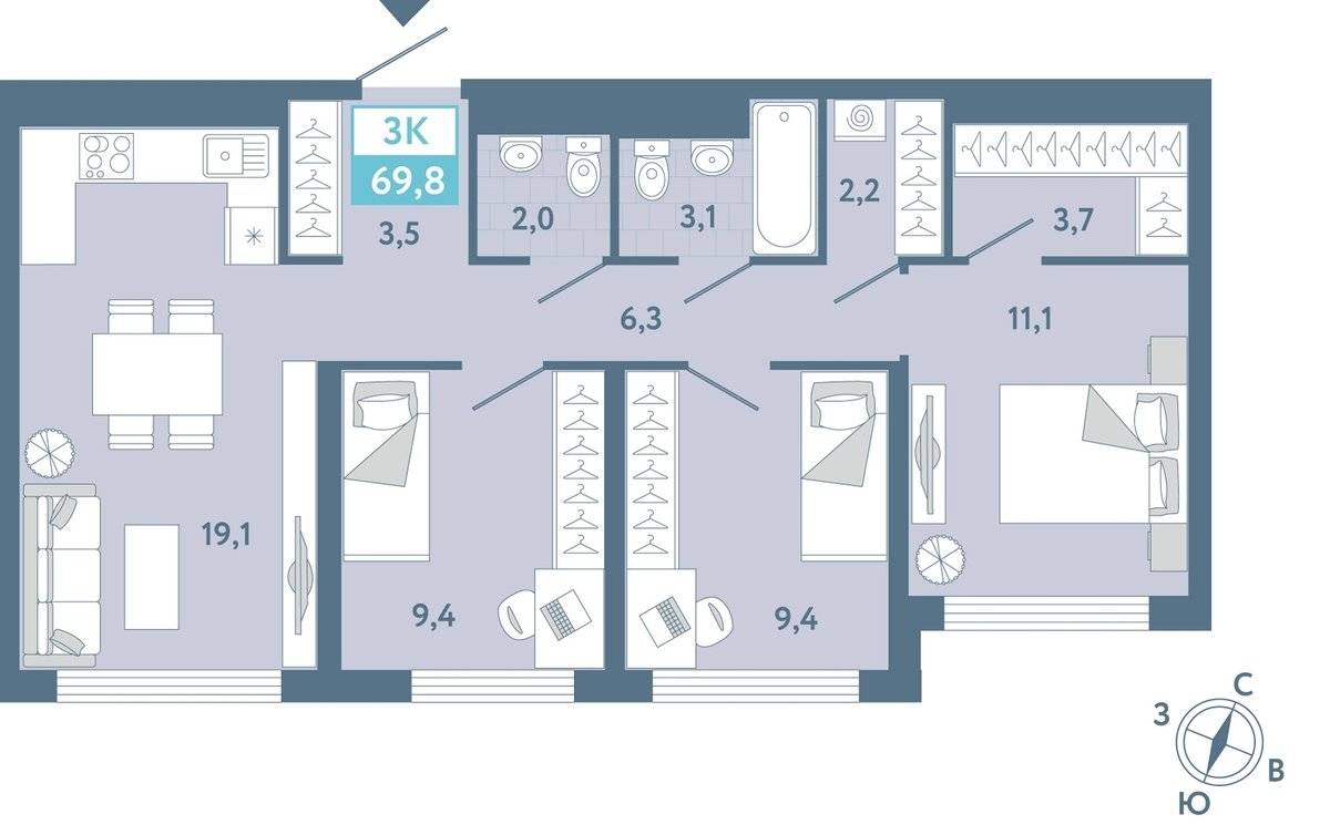 Планировка: Формат уточняется 69.6 м² в ЖК AIRIS, Комарово Парк