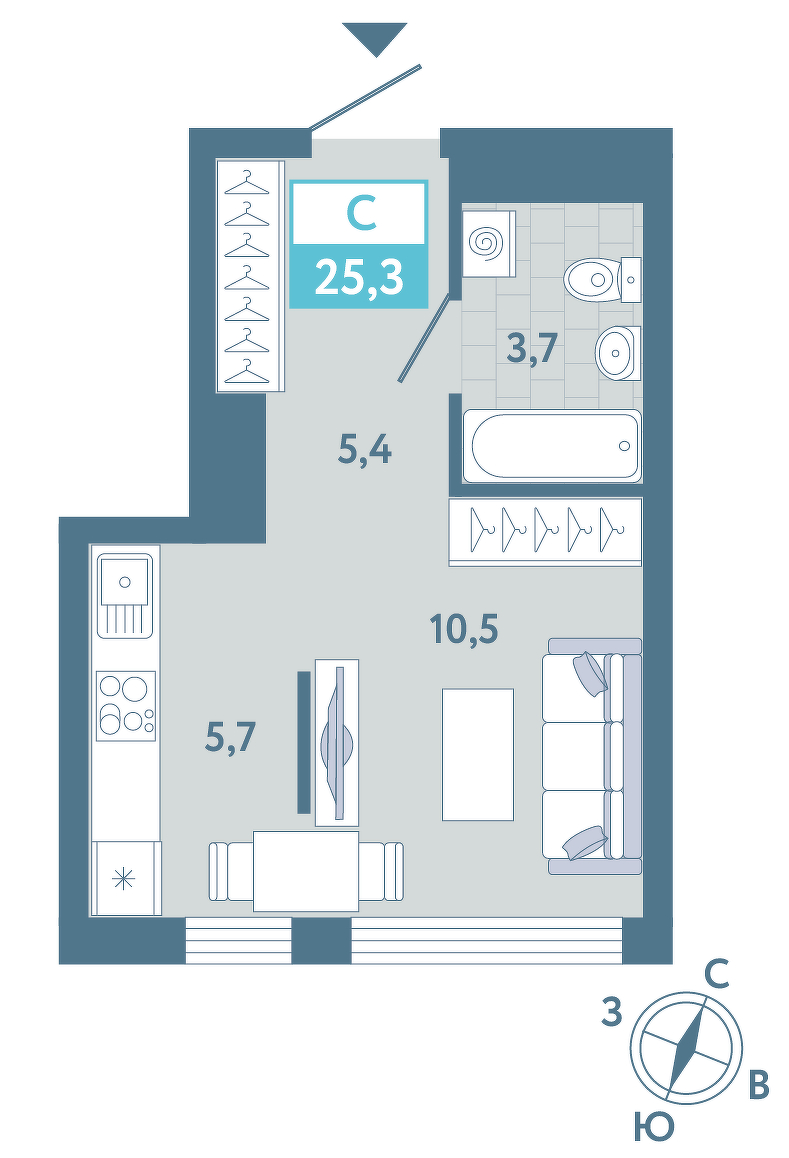 Планировка: Студия 25.3 м² в ЖК AIRIS, Комарово Парк