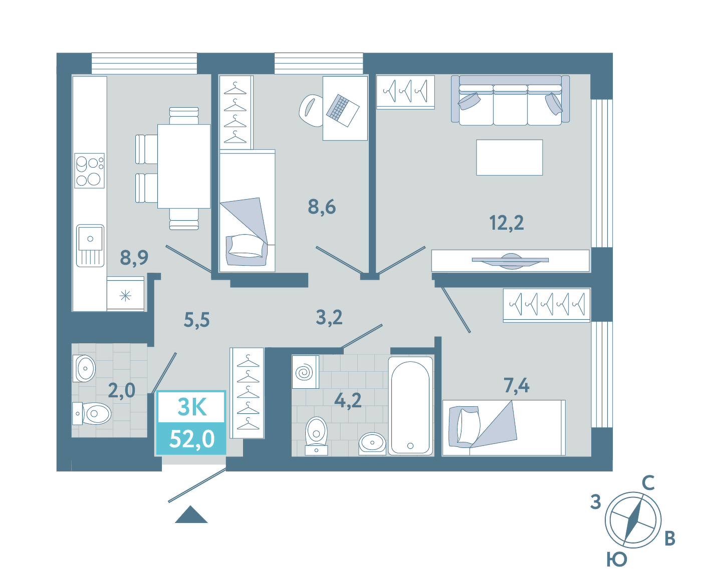 Планировка: 3-комнатная 52 м² в ЖК AIRIS, Комарово Парк