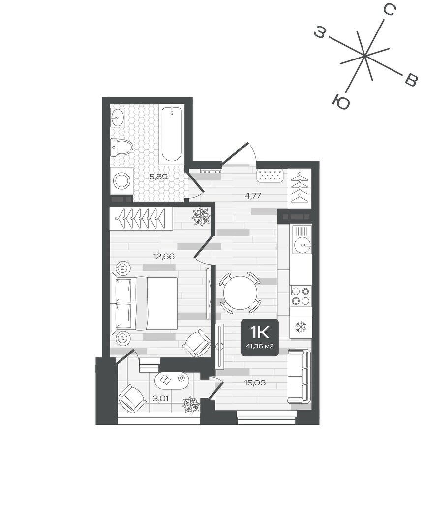 Планировка: Евродвушка 41.4 м² в ЖК Дабл-Дабл, От Слободы до Комарово парк