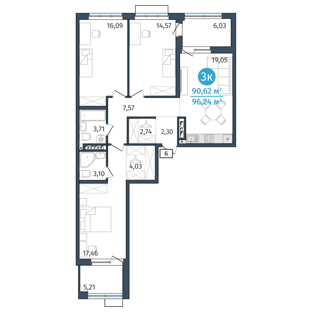 Планировка: 4-комнатная евро 90.6 м² в ЖК Этика, 5-й Заречный