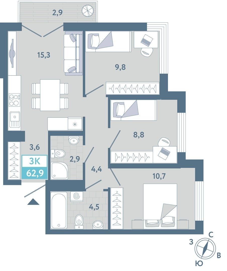 Планировка: Формат уточняется 63.3 м² в ЖК AIRIS, Комарово Парк