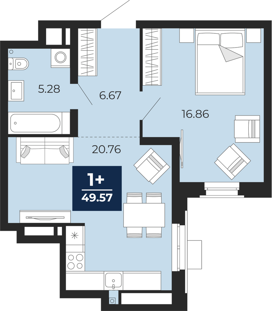 Планировка: Евродвушка 49.6 м² в ЖК Айвазовский, 5-й Заречный