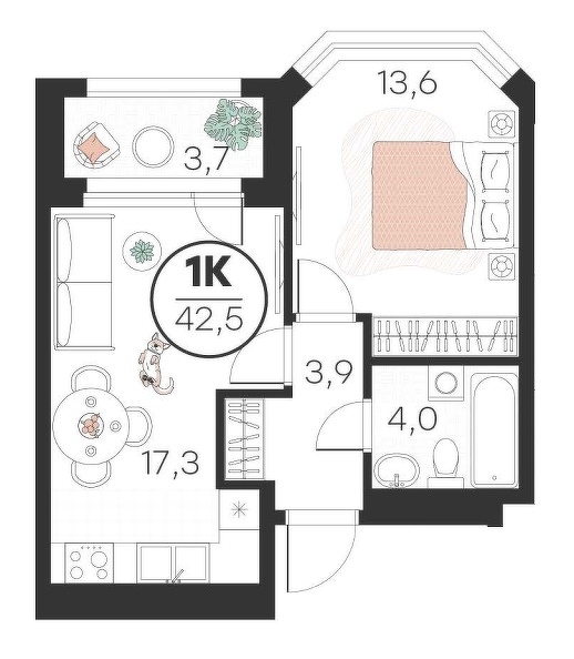 Планировка: Евродвушка 42.5 м² в ЖК Добро, 5-й Заречный