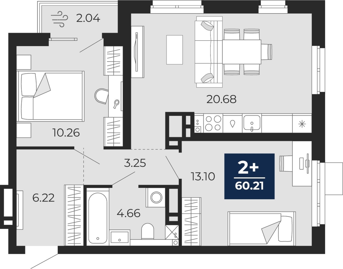 Планировка: Евротрешка 58.2 м² в ЖК Прео, Тюменская слобода