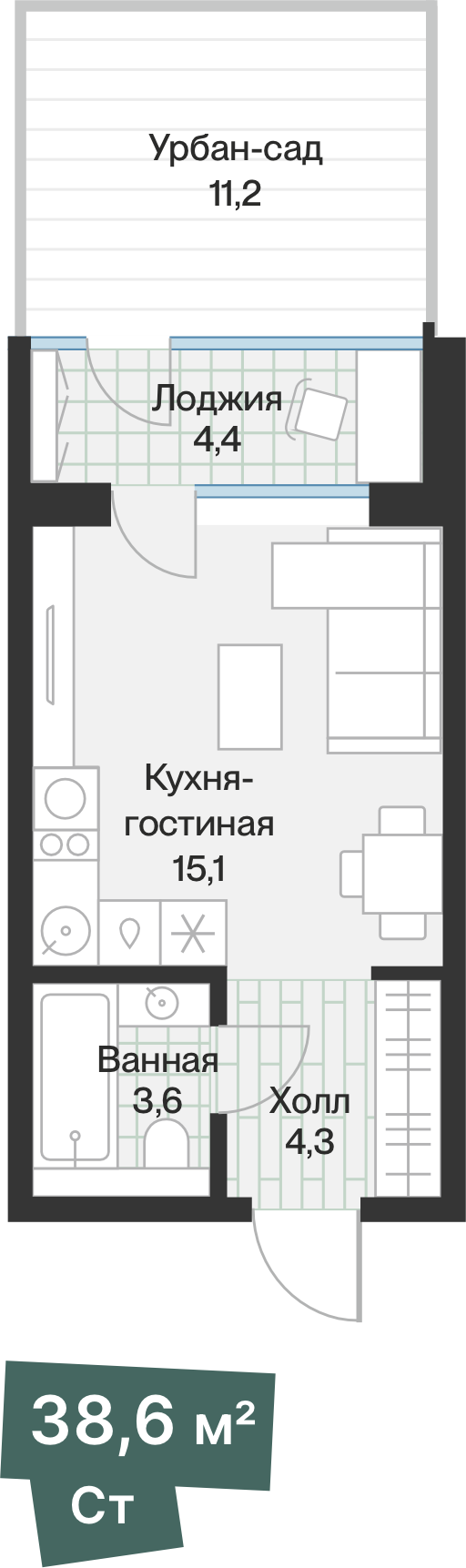 Планировка: Студия 25.2 м² в ЖК Эклипт, Рощино