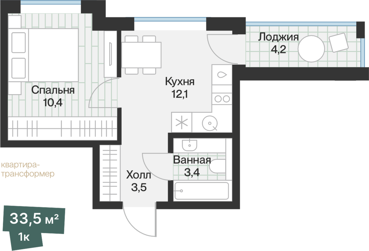 Планировка: 1-комнатная 31.4 м² в ЖК Эклипт, Рощино