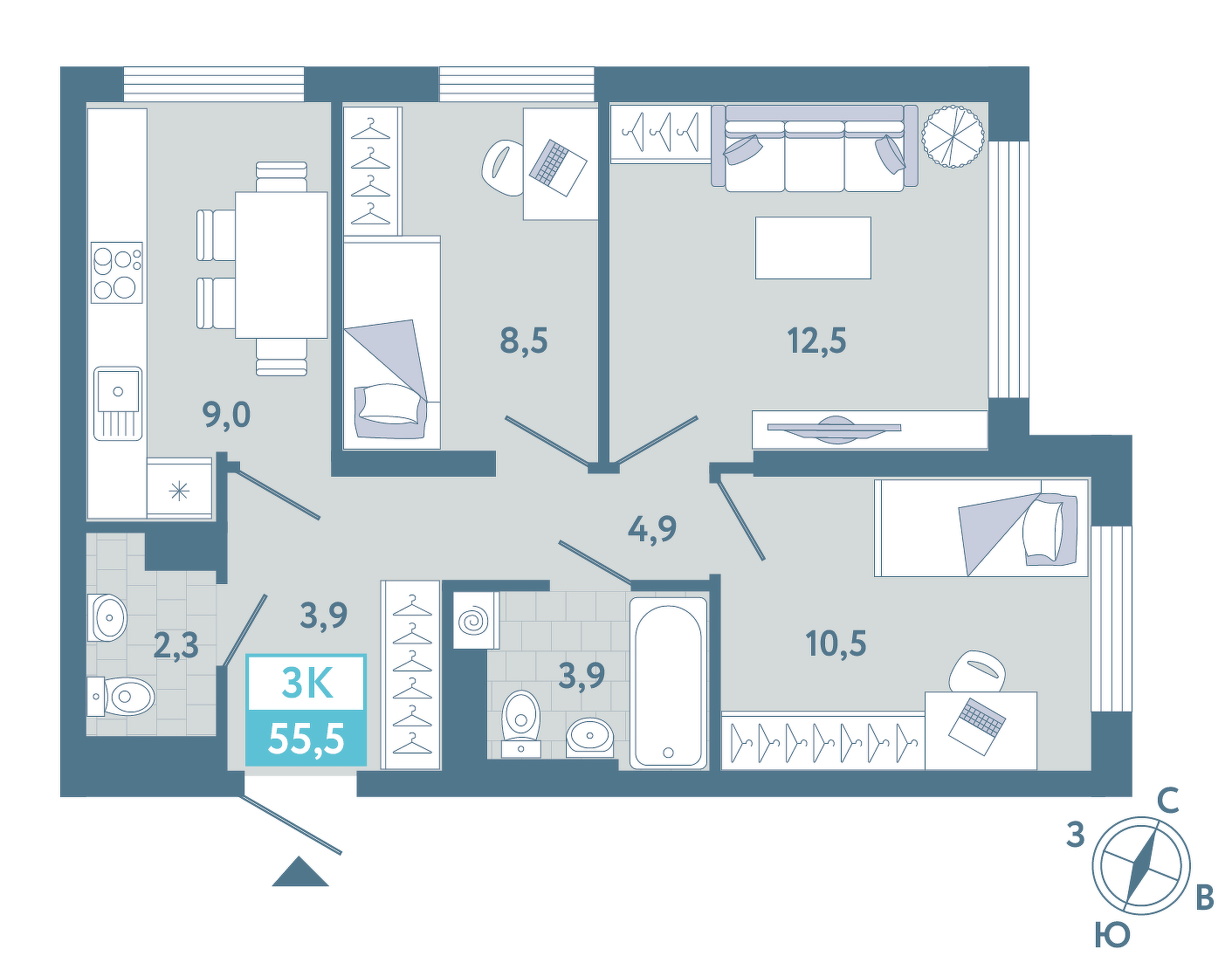 Планировка: Евротрешка 55.9 м² в ЖК AIRIS, Комарово Парк