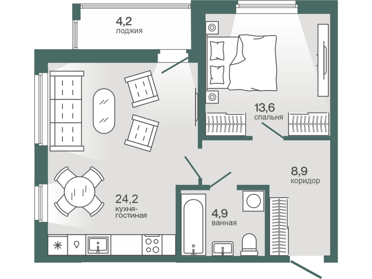 Планировка: Евродвушка 53.6 м² в ЖК Эклипт, Рощино