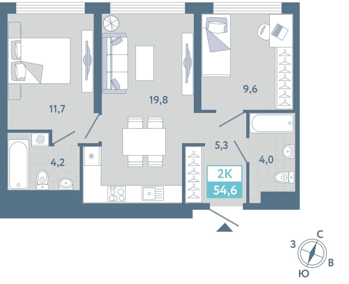 Планировка: Формат уточняется 54.7 м² в ЖК AIRIS, Комарово Парк