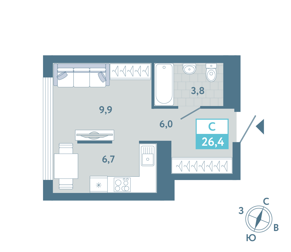 Планировка: Студия 26.4 м² в ЖК AIRIS, Комарово Парк