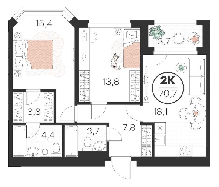 Планировка: Евротрешка 70.7 м² в ЖК Добро, 5-й Заречный