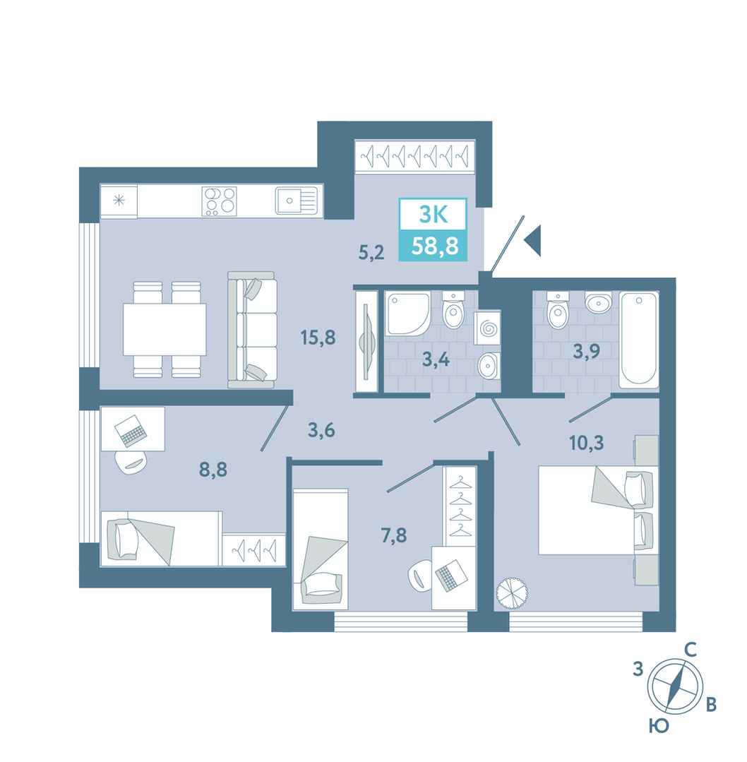 Планировка: 2-комнатная 58.9 м² в ЖК AIRIS, Комарово Парк