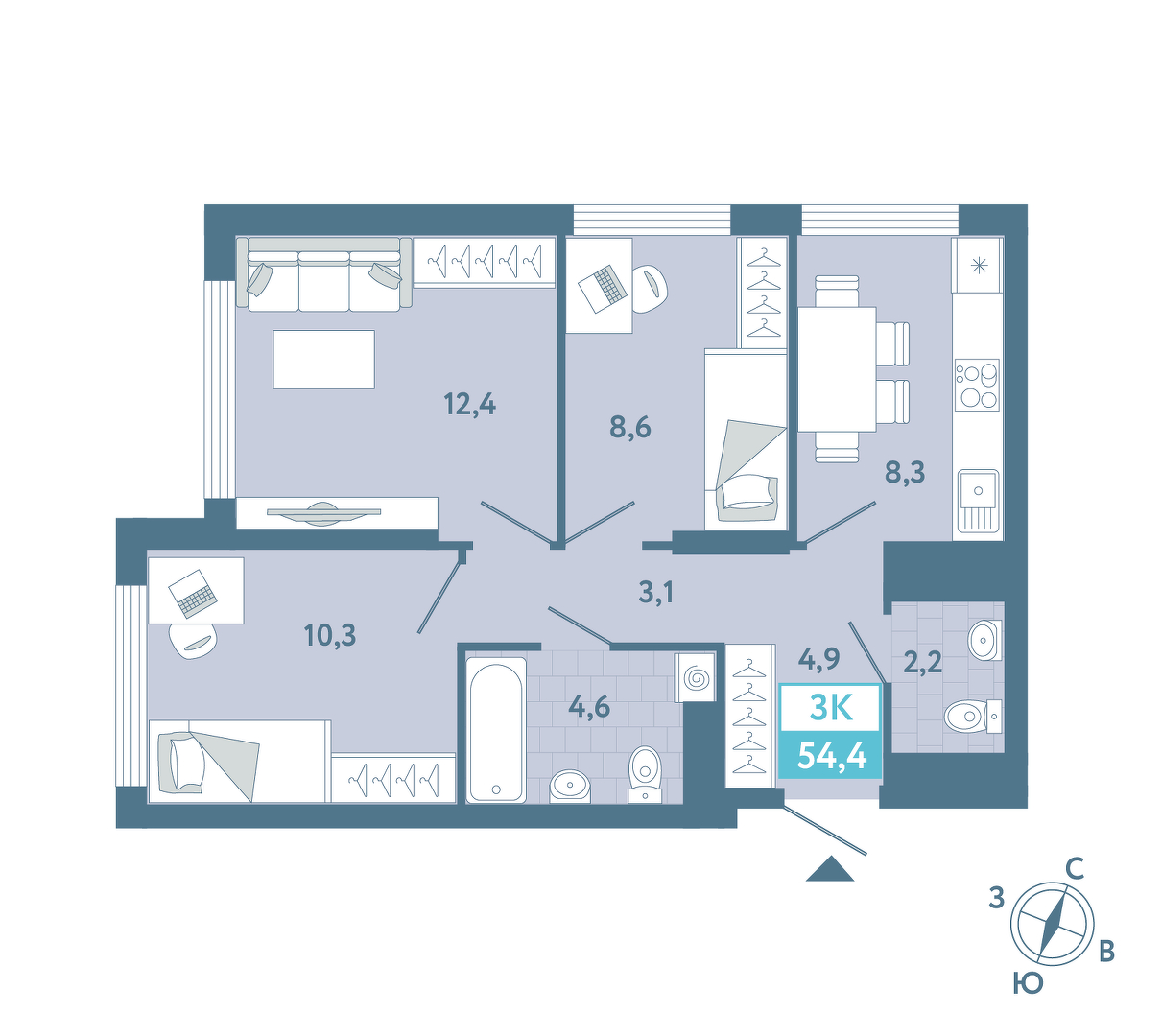 Планировка: 3-комнатная 54.4 м² в ЖК AIRIS, Комарово Парк