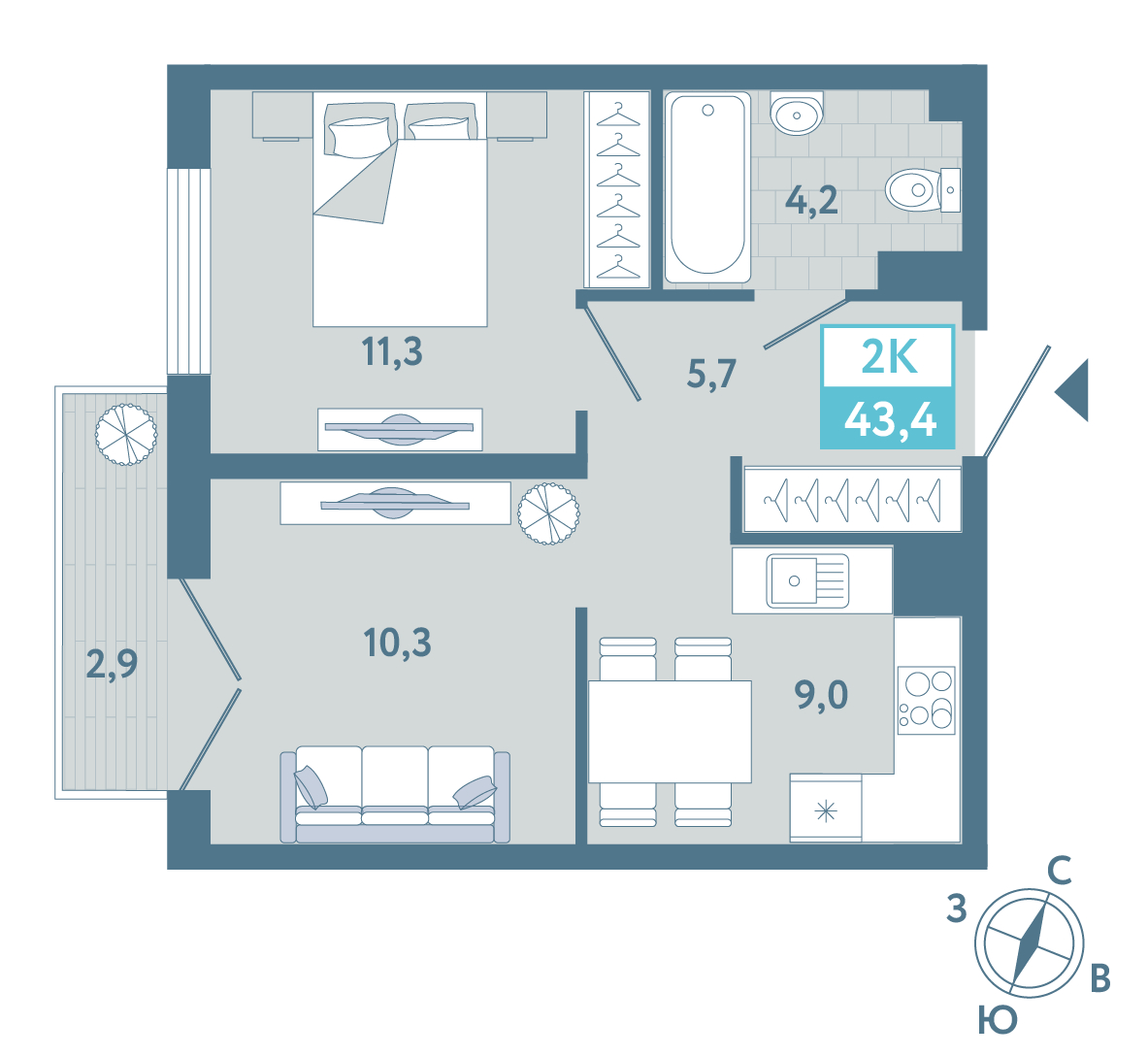 Планировка: Формат уточняется 43.5 м² в ЖК AIRIS, Комарово Парк