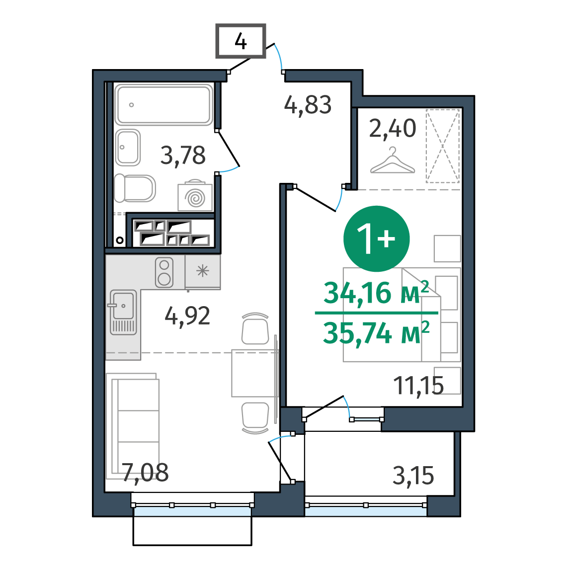 Планировка: 1-комнатная 34.2 м² в ЖК Этика, 5-й Заречный