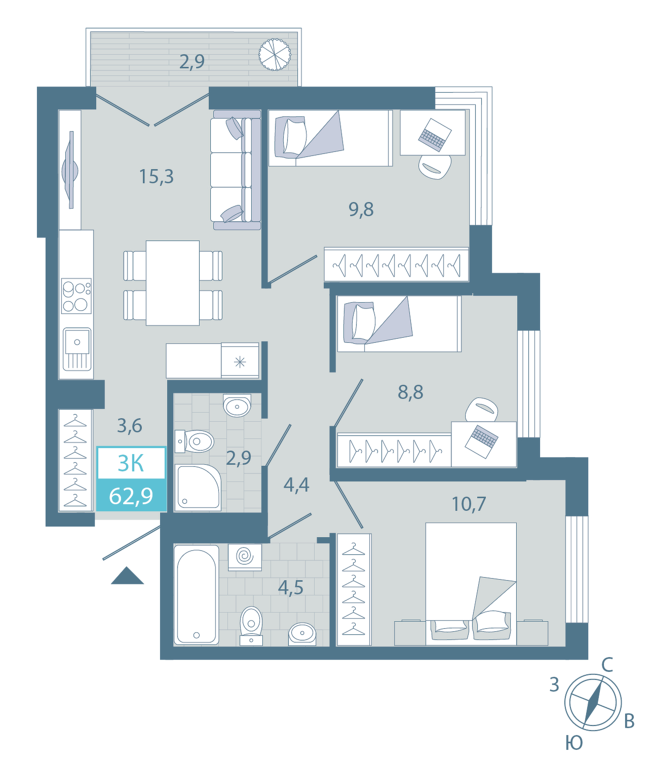 Планировка: 2-комнатная 63.3 м² в ЖК AIRIS, Комарово Парк