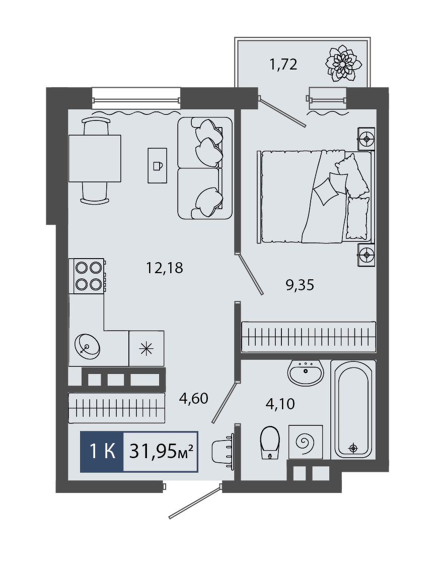 Планировка: Формат уточняется 31.9 м² в ЖК Смородина, Мелиораторов