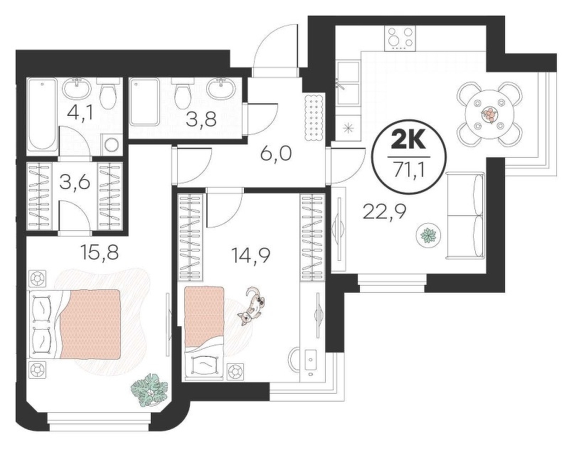 Планировка: Евротрешка 68.9 м² в ЖК Добро, 5-й Заречный