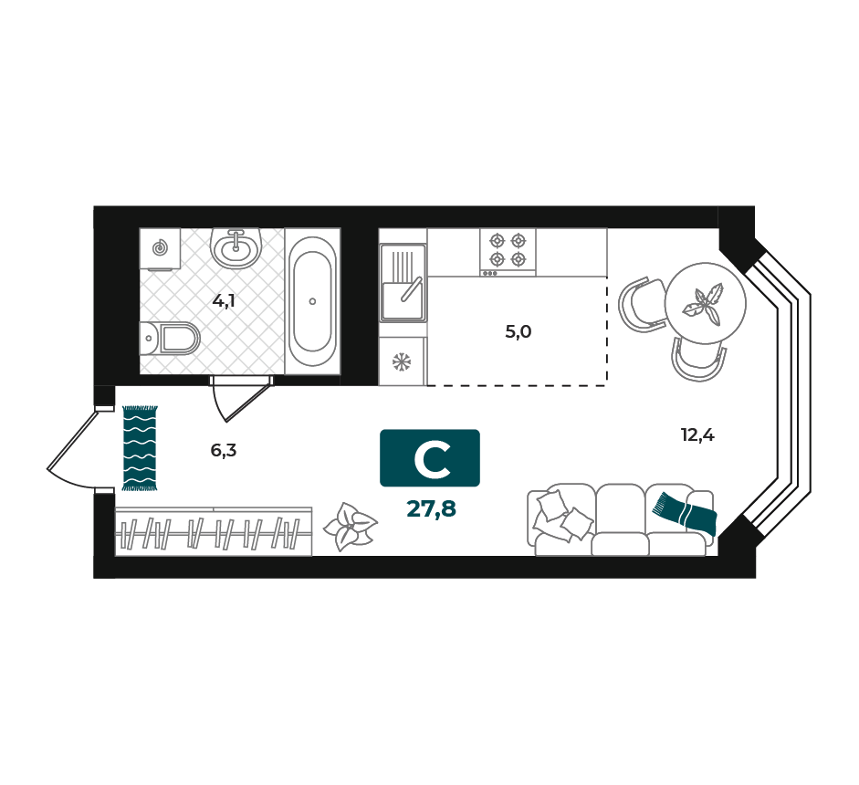 Планировка: Студия 27.8 м² в ЖК Добро, 5-й Заречный