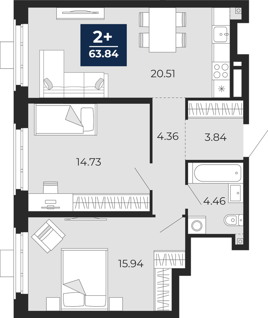 Планировка: Евротрешка 63.8 м² в ЖК Айвазовский, 5-й Заречный