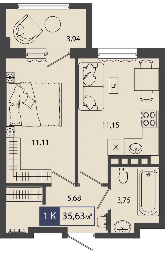 Планировка: 1-комнатная 35.6 м² в ЖК Смородина, Мелиораторов