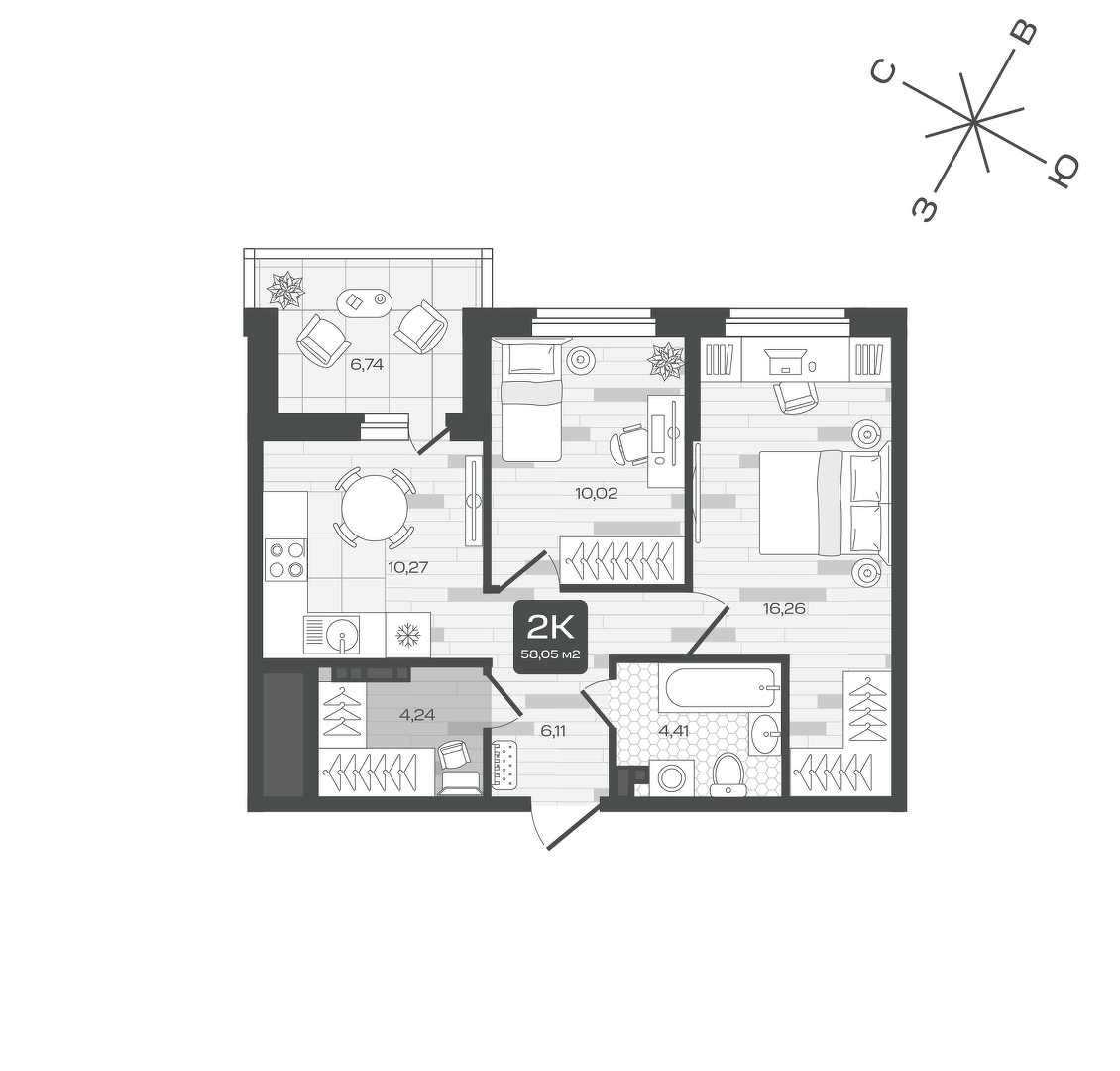 Планировка: 2-комнатная 58 м² в ЖК Дабл-Дабл, От Слободы до Комарово парк