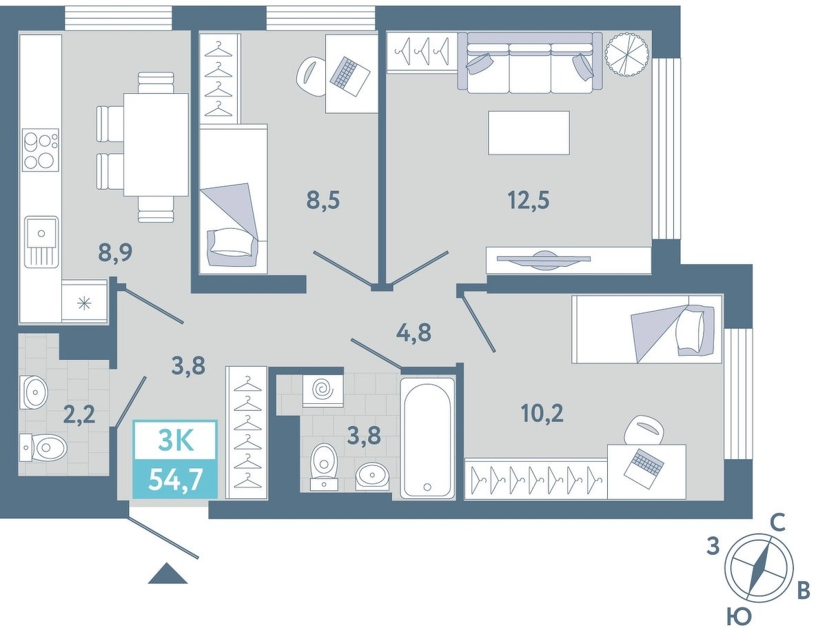 Планировка: Евротрешка 55.3 м² в ЖК AIRIS, Комарово Парк