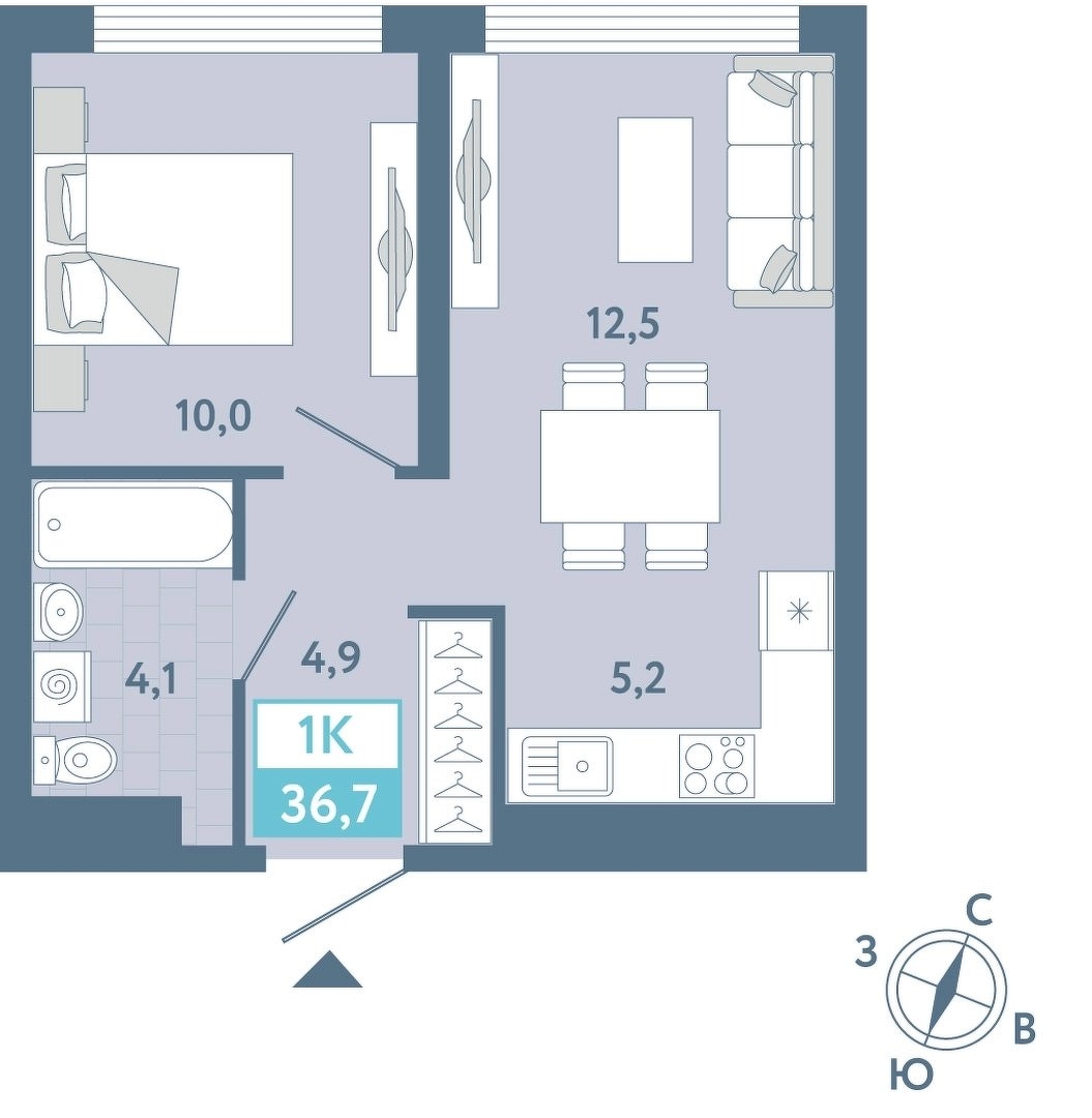 Планировка: Евродвушка 36.7 м² в ЖК AIRIS, Комарово Парк
