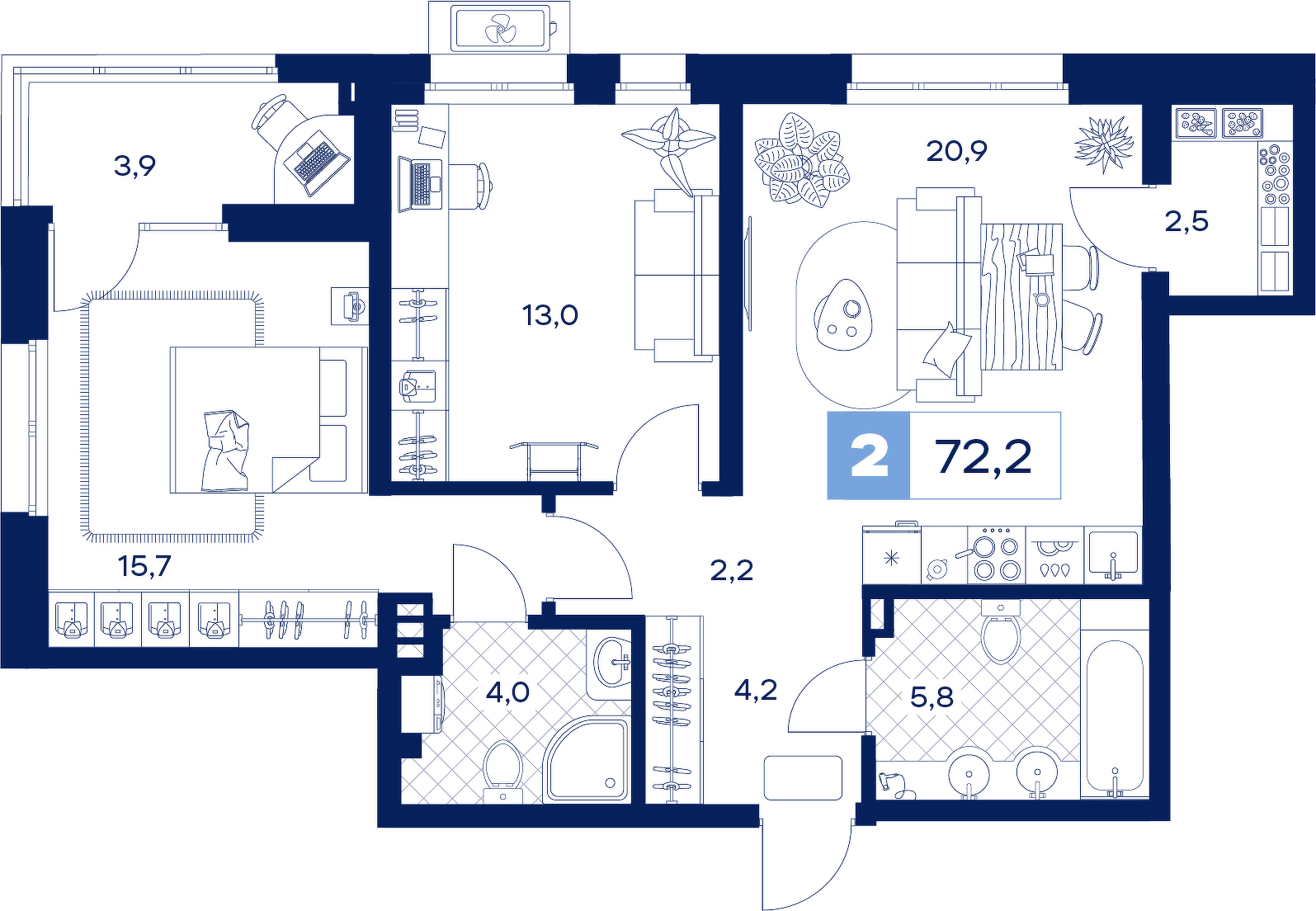 Планировка: Евротрешка 72.2 м² в ЖК Дом Нойферта, Южный