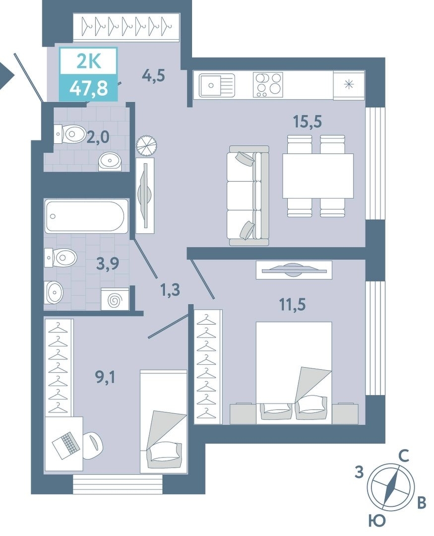 Планировка: Евродвушка 49.2 м² в ЖК AIRIS, Комарово Парк