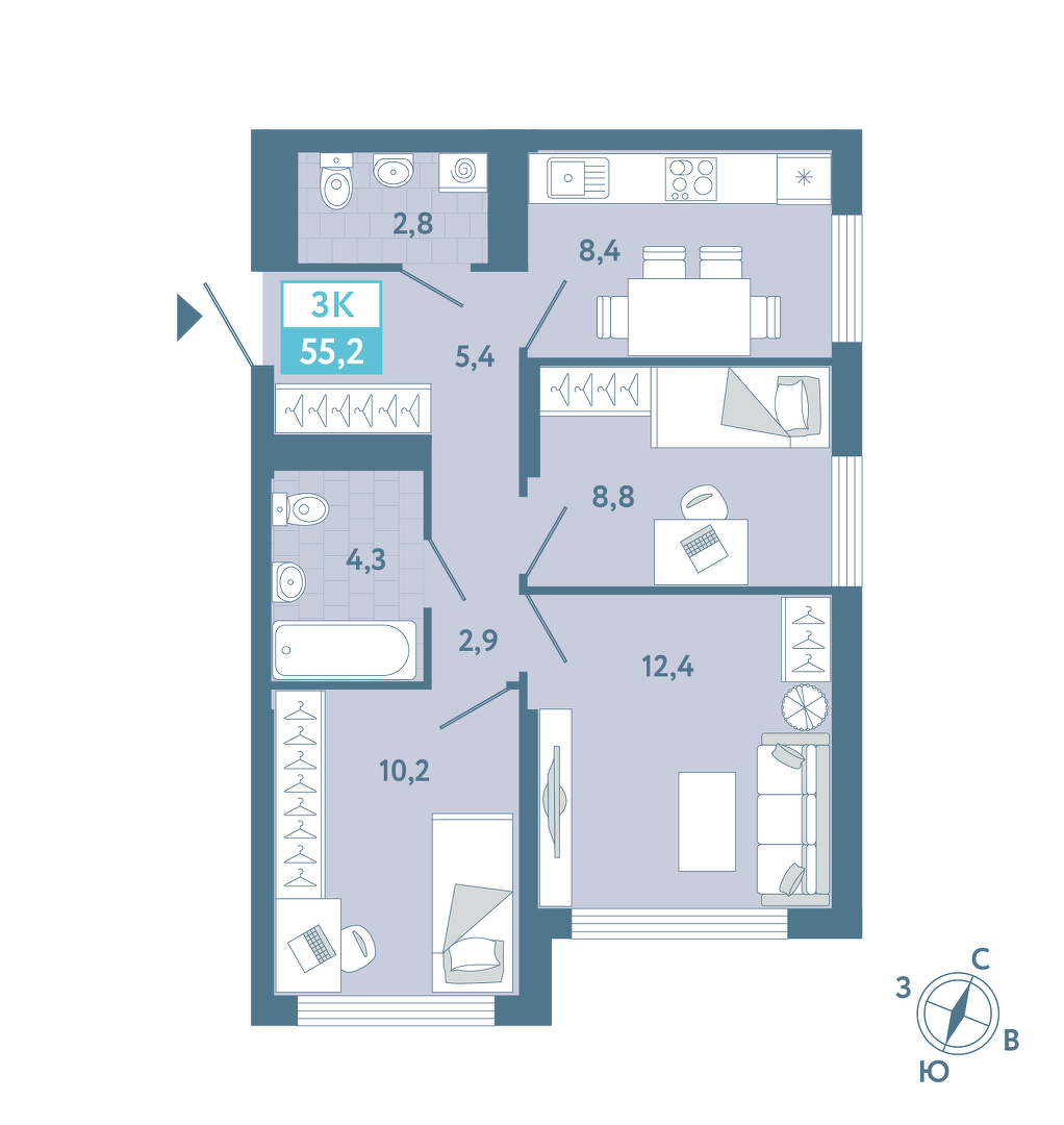 Планировка: 3-комнатная 55.5 м² в ЖК AIRIS, Комарово Парк