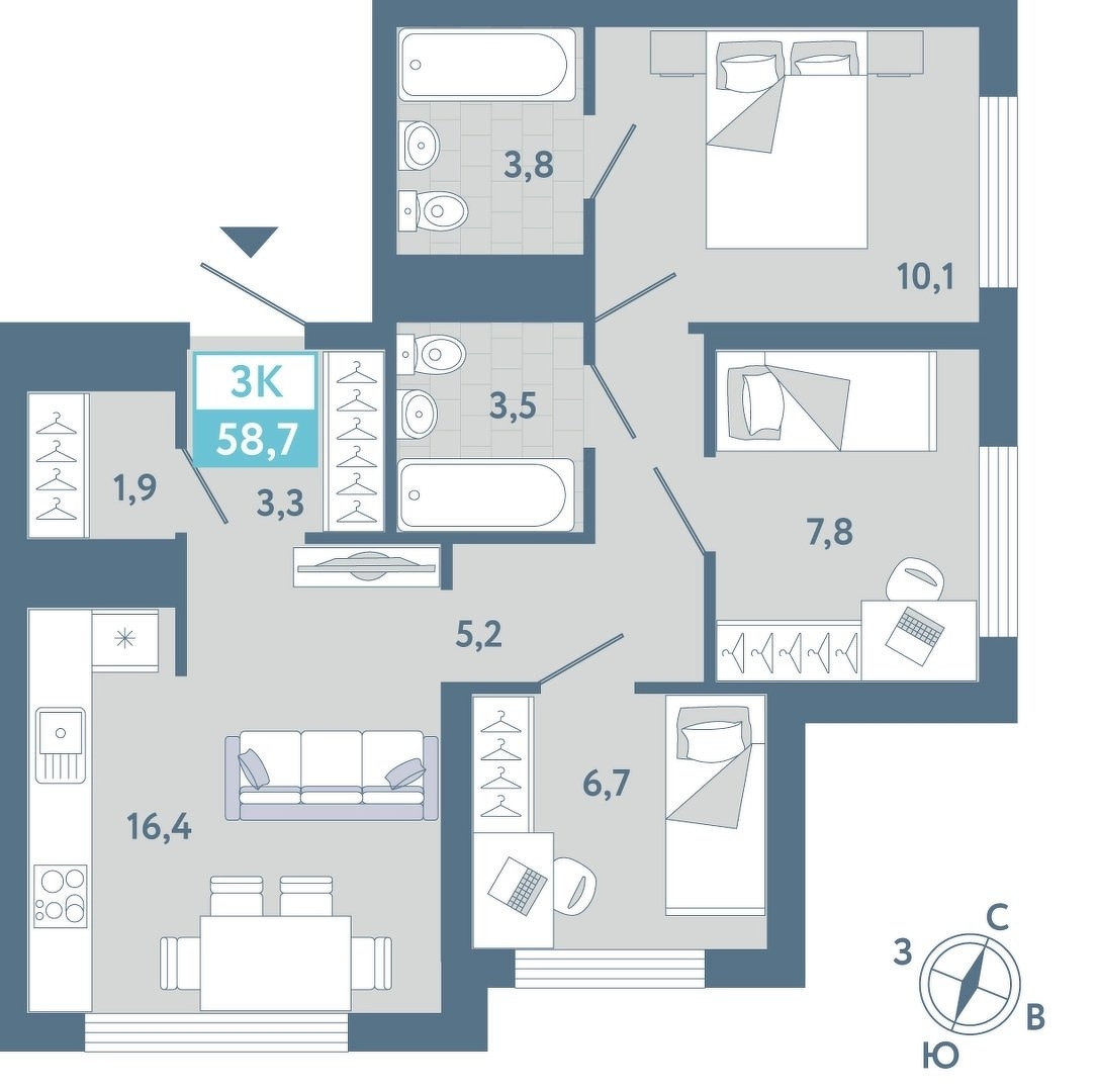 Планировка: Формат уточняется 58.7 м² в ЖК AIRIS, Комарово Парк