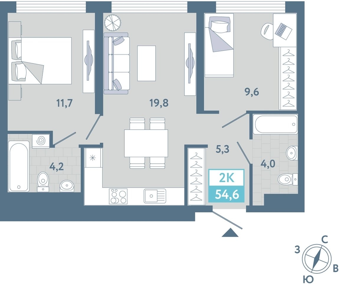 Планировка: Евротрешка 54.6 м² в ЖК AIRIS, Комарово Парк
