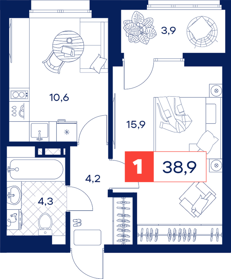 Планировка: Евродвушка 38.9 м² в ЖК Дом Нойферта, Южный