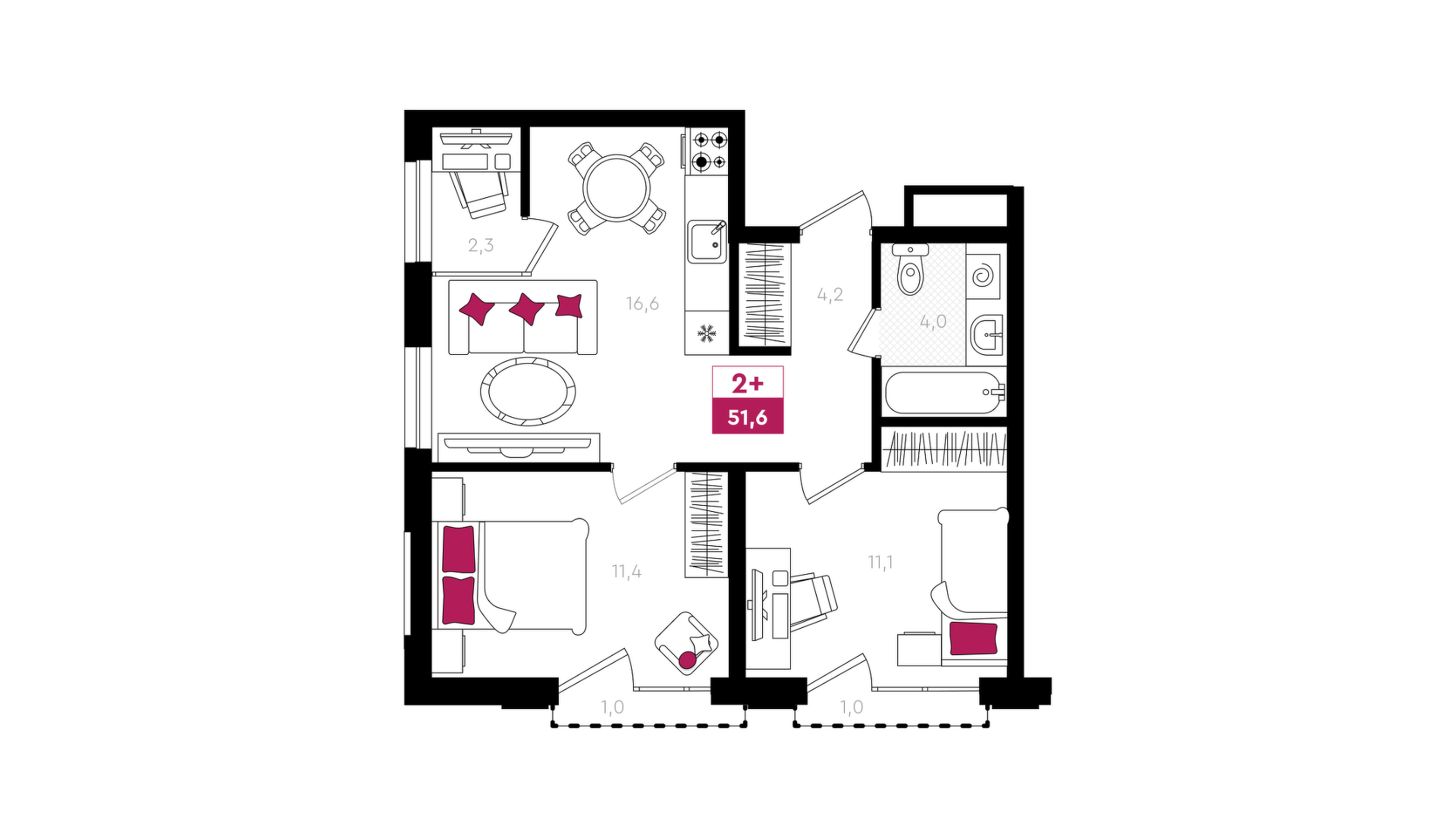 Планировка: Евротрешка 51.6 м² в ЖК Умный квартал UNO, Московский тракт