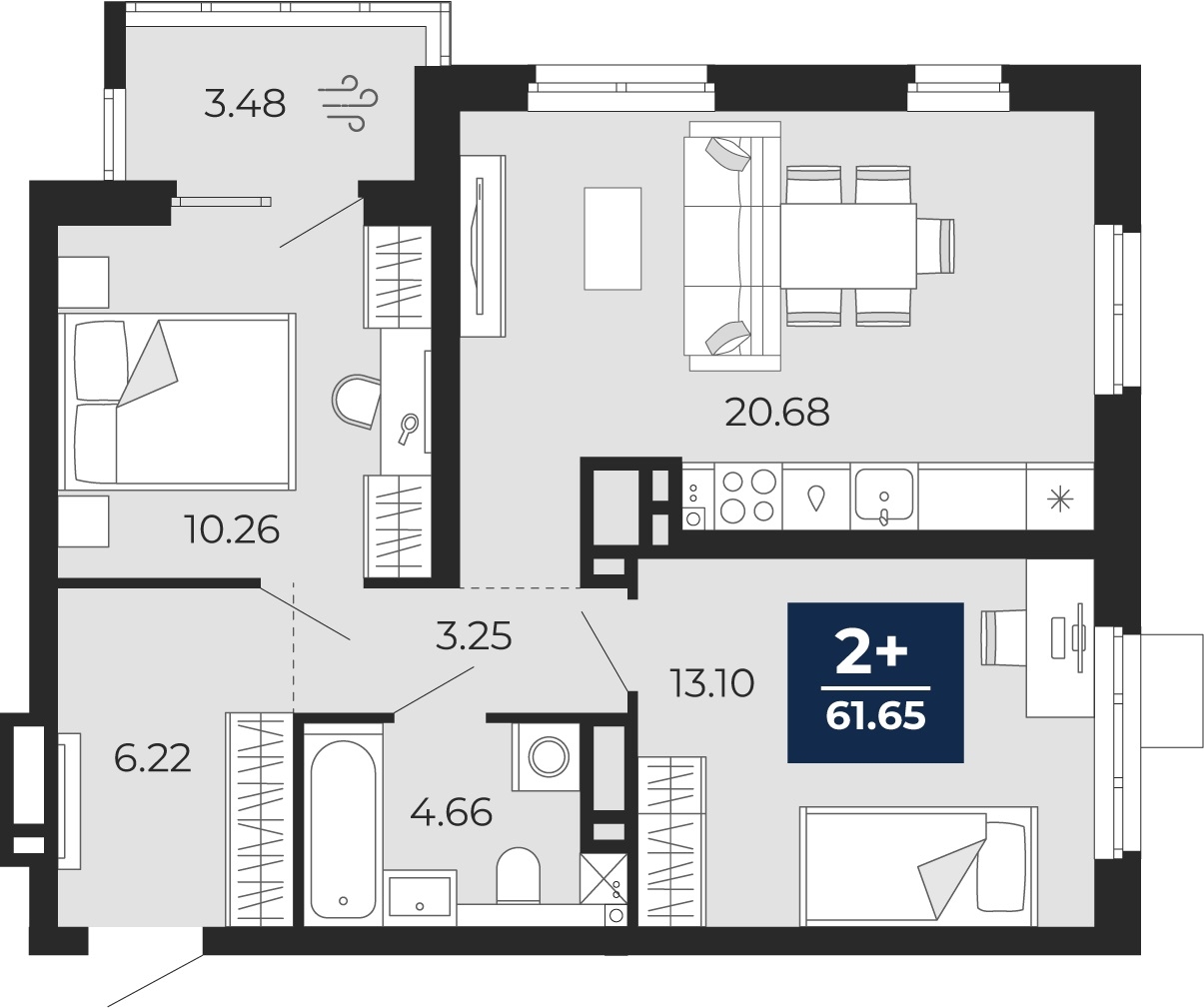 Планировка: Евротрешка 58.2 м² в ЖК Прео, Тюменская слобода