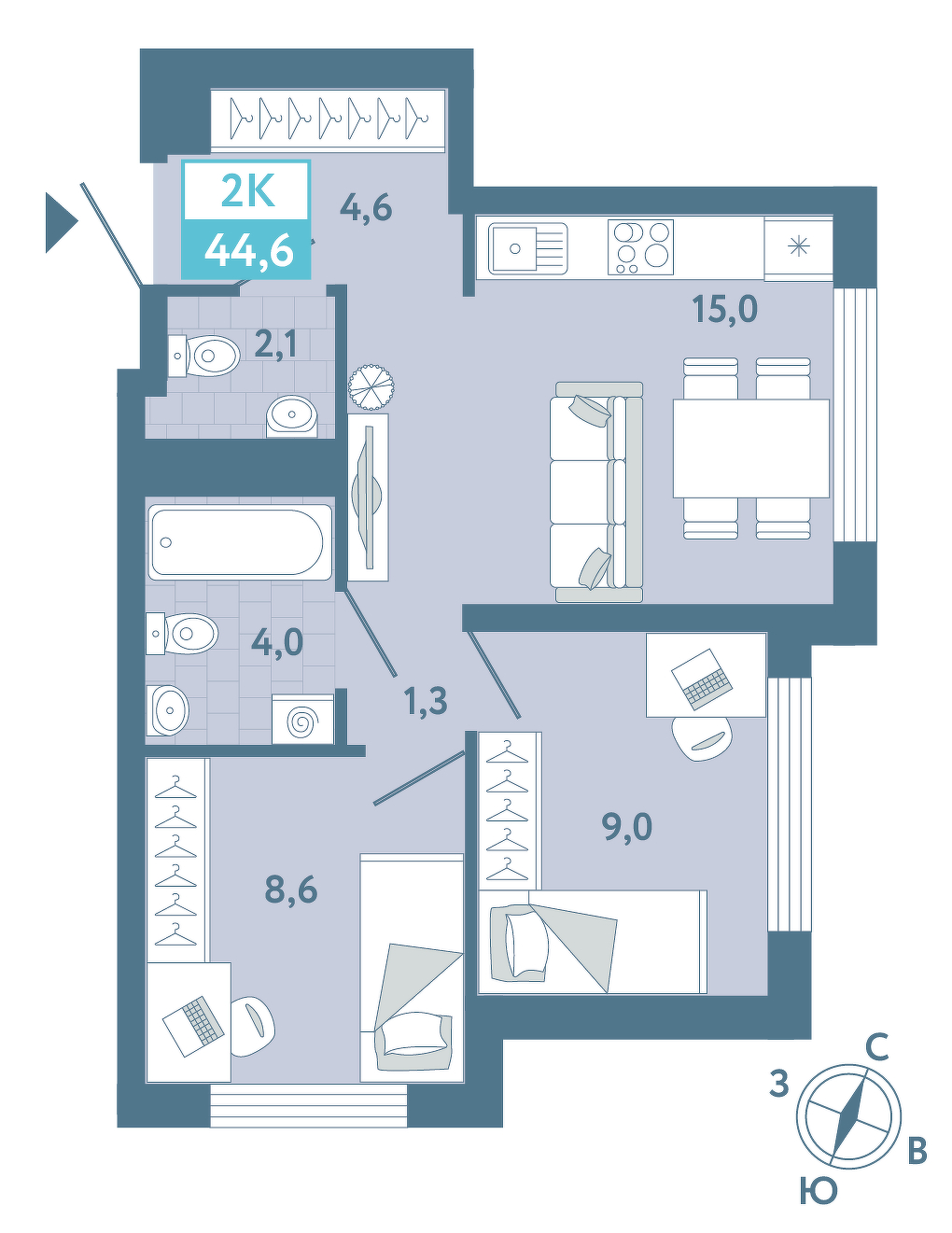 Планировка: Евродвушка 44.8 м² в ЖК AIRIS, Комарово Парк