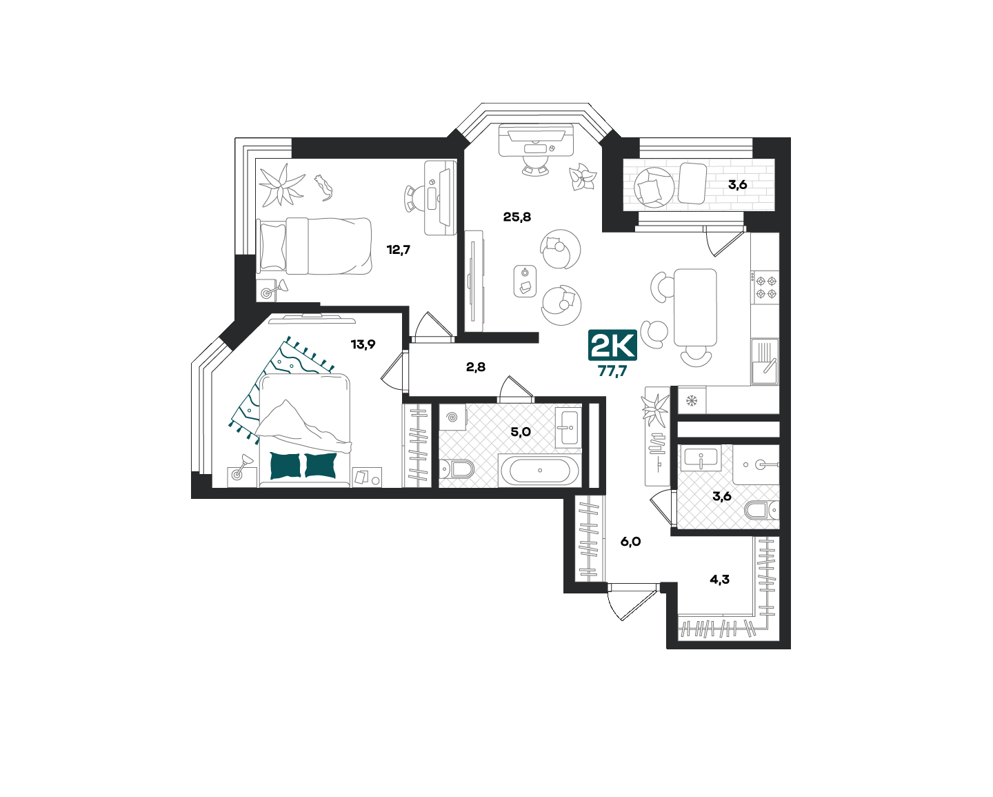 Планировка: Евротрешка 77.7 м² в ЖК Добро, 5-й Заречный