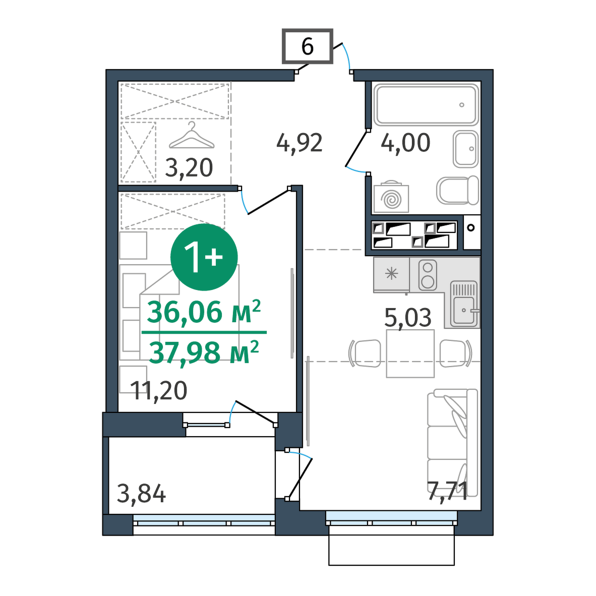 Планировка: 1-комнатная 36.1 м² в ЖК Этика, 5-й Заречный