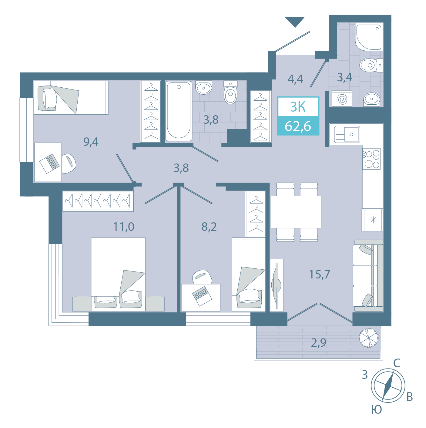Планировка: 2-комнатная 63 м² в ЖК AIRIS, Комарово Парк