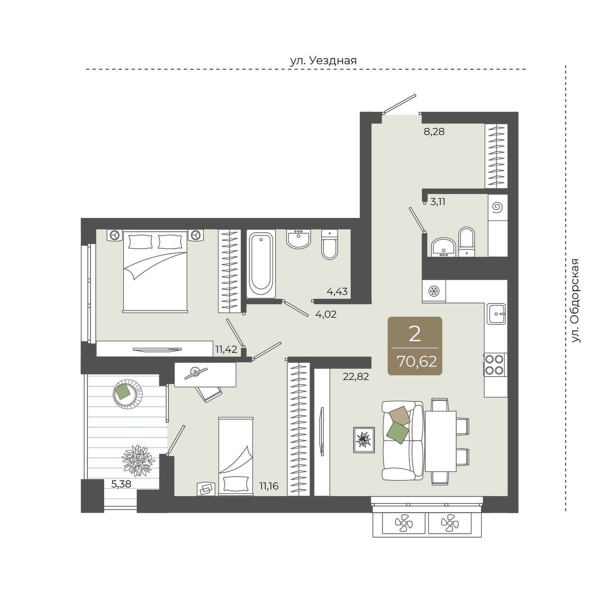 Планировка: Евротрешка 70.6 м² в ЖК Мидгард на Уездной, Тюменская слобода