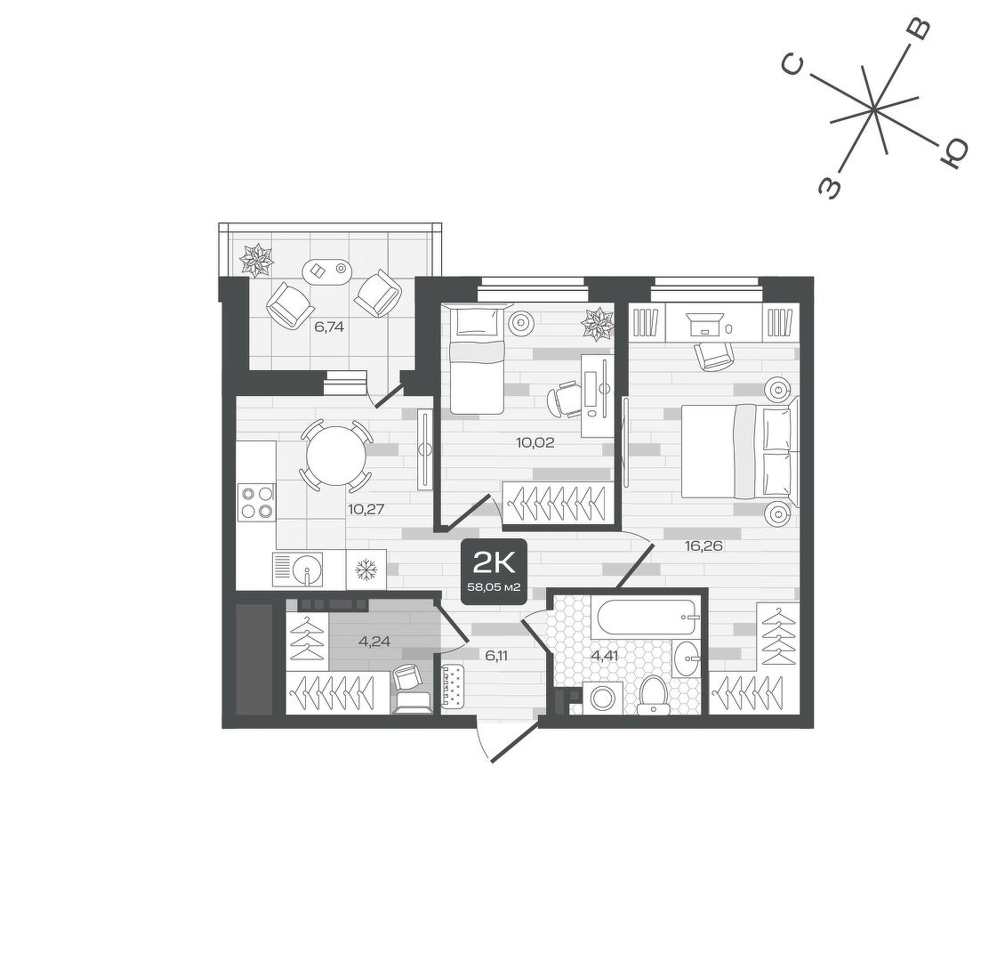 Планировка: 2-комнатная 58 м² в ЖК Дабл-Дабл, От Слободы до Комарово парк