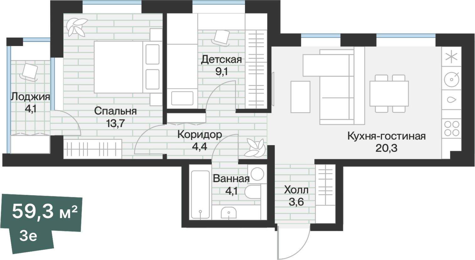 Планировка: 3-комнатная 57.2 м² в ЖК Эклипт, Рощино