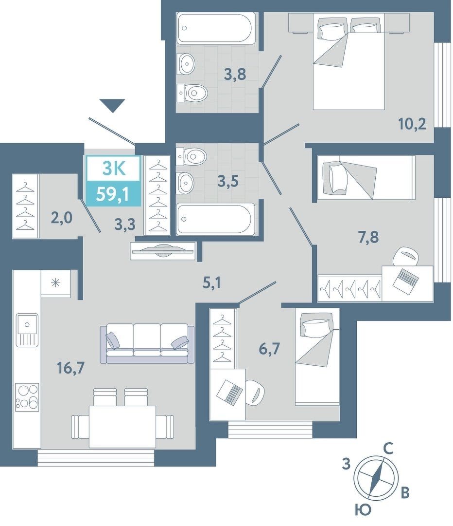 Планировка: Формат уточняется 59 м² в ЖК AIRIS, Комарово Парк