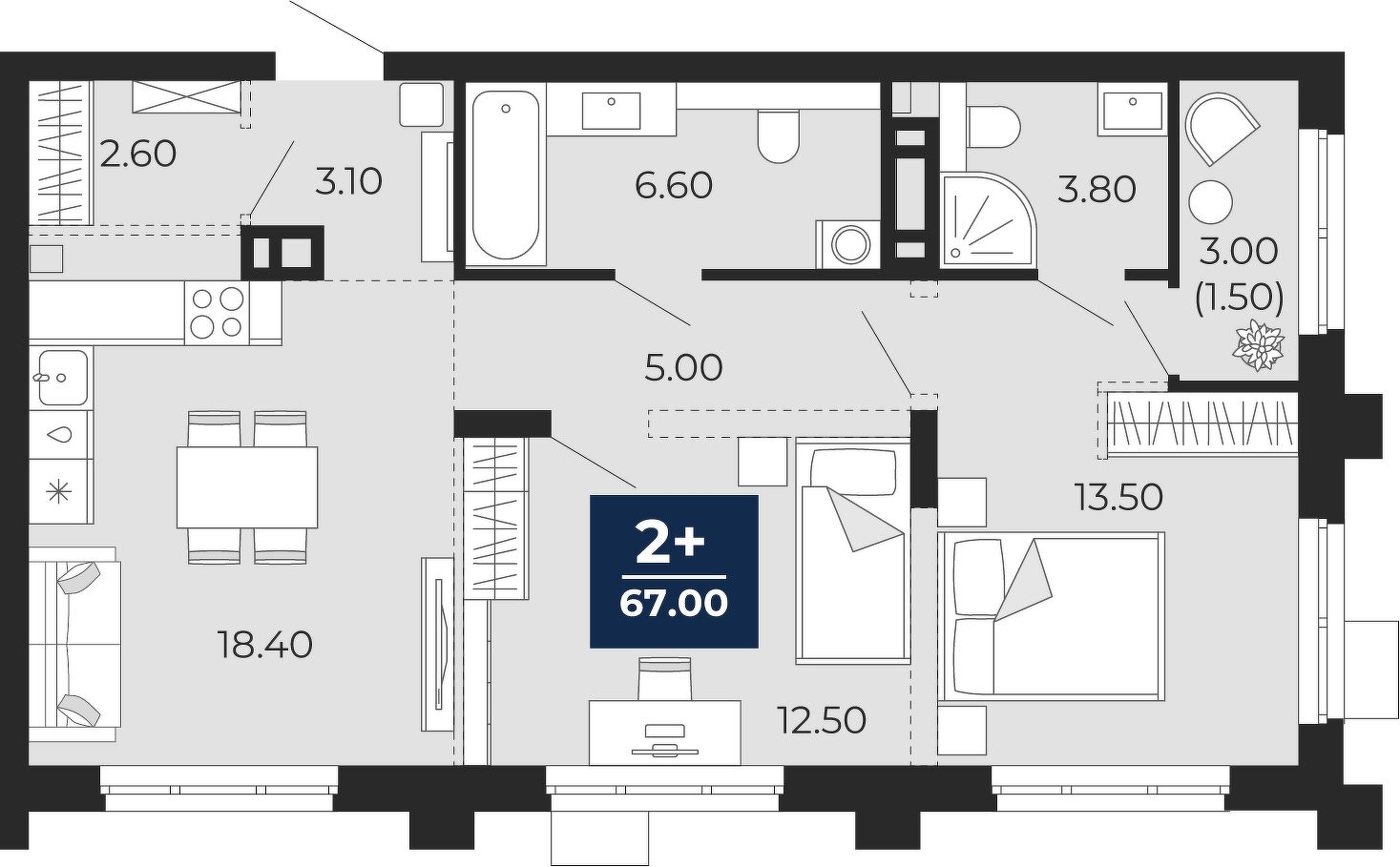 Планировка: Евротрешка 65.5 м² в ЖК Айвазовский, 5-й Заречный