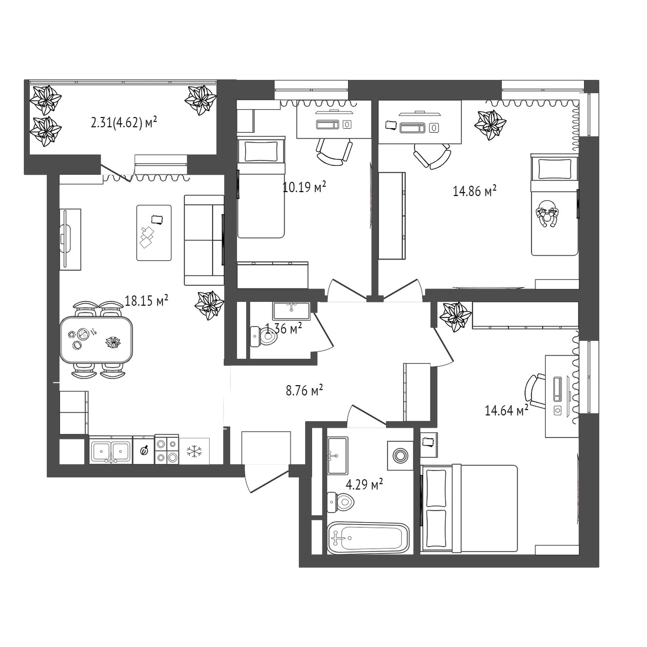 Планировка: 4-комнатная евро 74.6 м² в ЖК Сосновый, Область