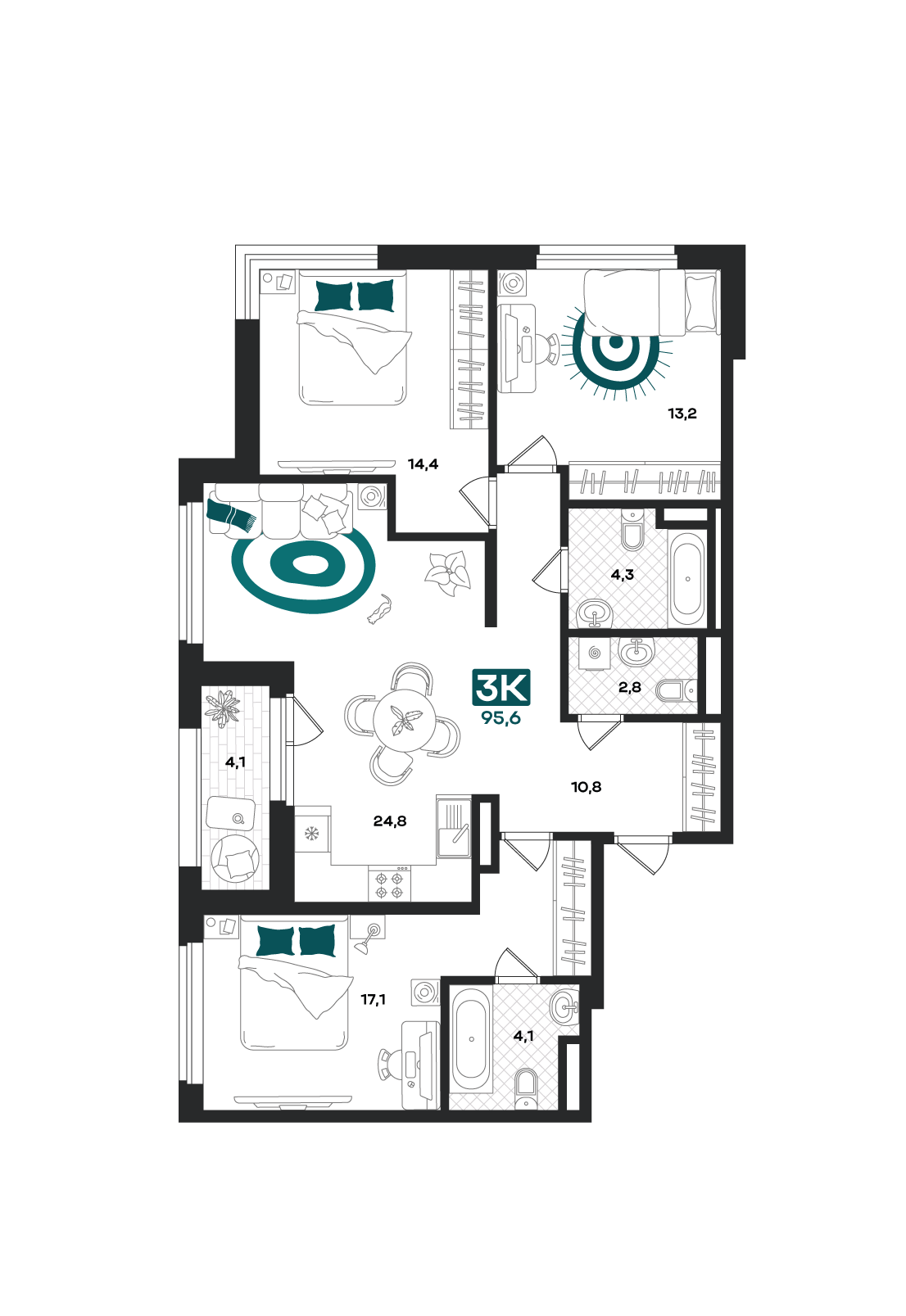 Планировка: 4-комнатная евро 95.6 м² в ЖК Добро, 5-й Заречный